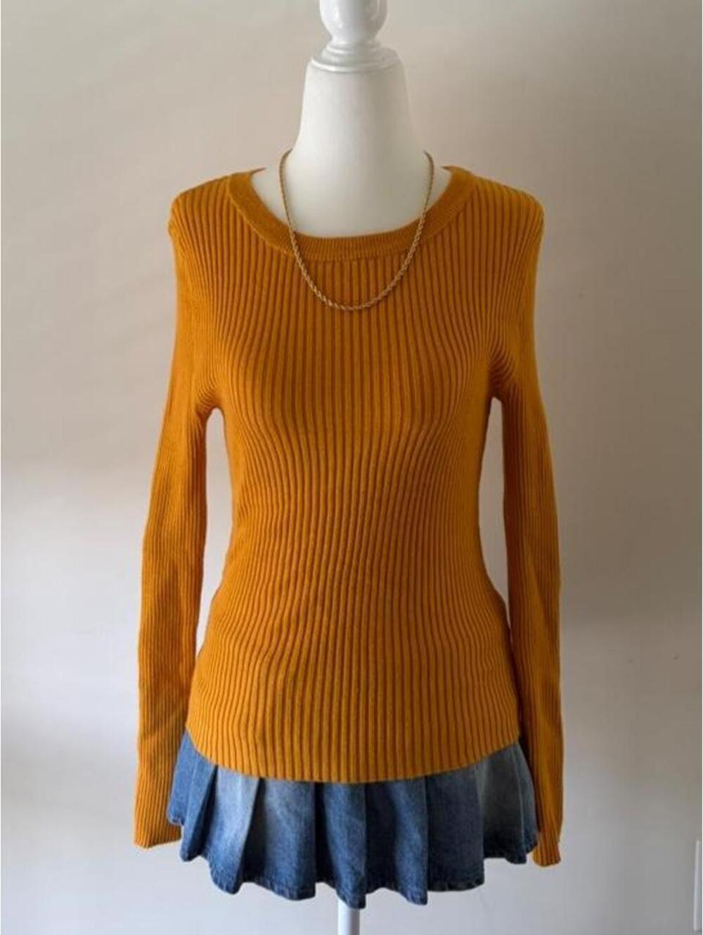 Y2K Mustard Ribbed Knit Stretchy Sweater Top • Golden Honey Fitted Long Sleeve